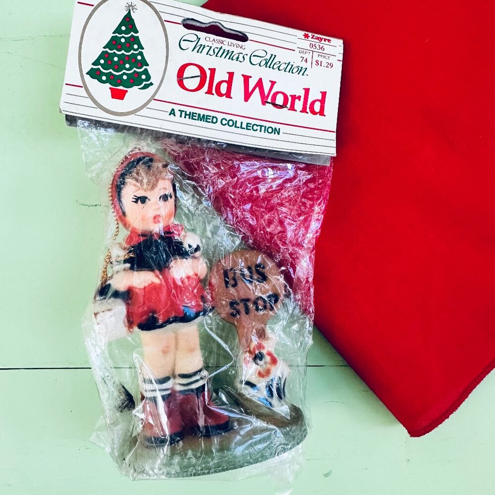 Vintage Bus Stop Girl Christmas Ornament NIP Old World Collection 1974